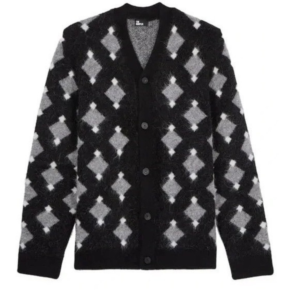 The Kooples Diamond‎ Pattern Black Gray Argyle Mohair Blend Cardigan Sweater XL